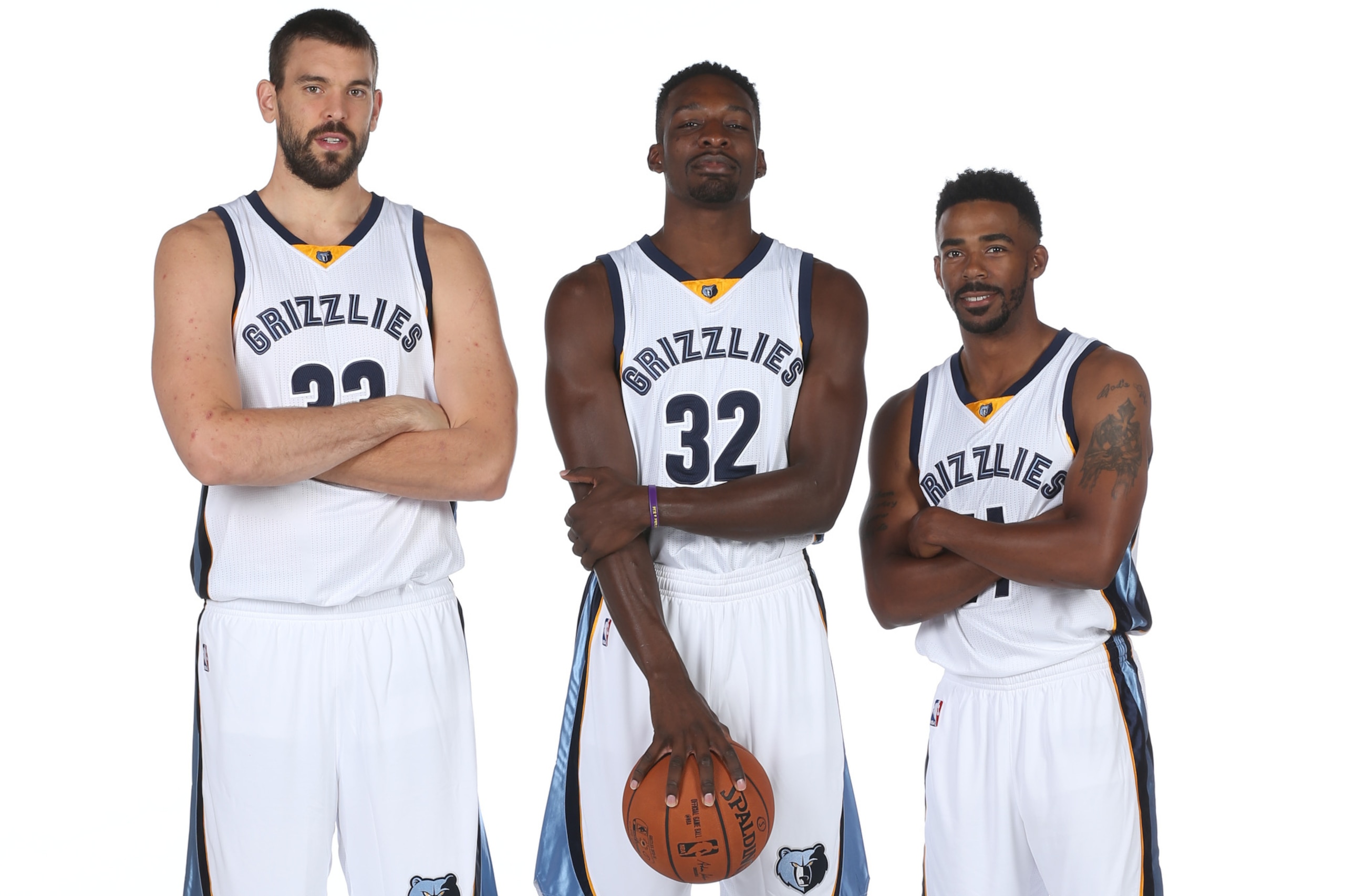 MEMPHIS, TN - SEPTEMBER 28: Marc Gasol #33, Jeff Green #32 and Mike Conley #11 of the Memphis Grizzlies poses for a portrait during their 2015 media day at FedExForum on September 28, 2015 in Memphis, Tennessee. NOTE TO USER: User expressly acknowledges and agrees that, by downloading and or using this photograph, User is consenting to the terms and conditions of the Getty Images License Agreement. Mandatory Copyright Notice: Copyright 2015 NBAE (Photo by Joe Murphy/NBAE via Getty Images)