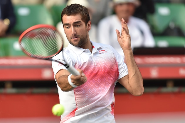 TOKYO, JAPAN - OCTOBER 09:  Marin Cilic of Croatia in action during the men's singles qauter final match against Kei Nishikori of Japan on day five of Rakuten Open 2015 at Ariake Colosseum on October 9, 2015 in Tokyo, Japan.  (Photo by Atsushi Tomura/Getty Images)