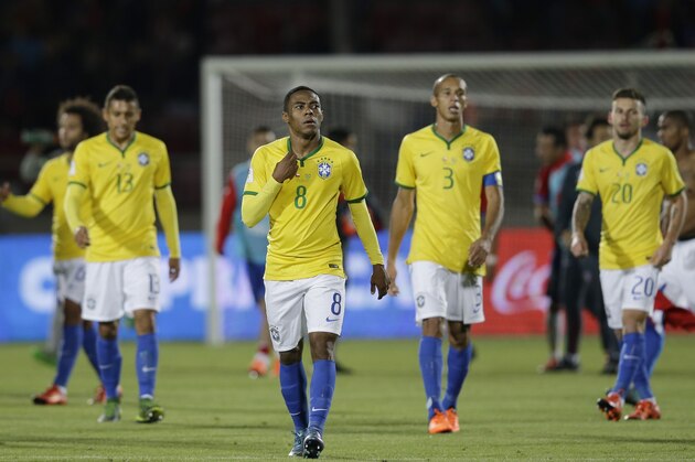 Brazil's players leave the field at the end of the game against Chile for a 2018 World Cup qualifying soccer match in Santiago, Chile, Thursday, Oct. 8, 2015. Chile won the match 2-0. (AP Photo/Martin Mejia)