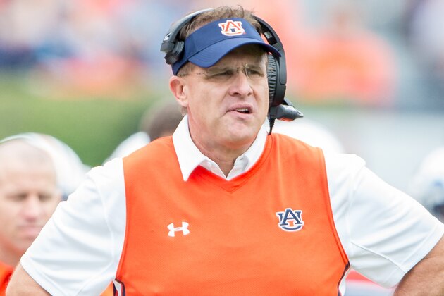AUBURN, AL - SEPTEMBER 12: Head coach Gus Malzahn of the Auburn Tigers during their game against the Jacksonville State Gamecocks on September 12, 2015 at Jordan-Hare Stadium in Auburn, Alabama. The Auburn Tigers defeated the Jacksonville State Gamecocks 27-20. (Photo by Michael Chang/Getty Images)