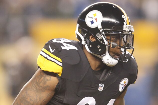 Jan 3, 2015; Pittsburgh, PA, USA; Pittsburgh Steelers running back Ben Tate (34) carries the ball against the Baltimore Ravens during the first quarter in the 2014 AFC Wild Card playoff football game at Heinz Field. The Ravens won 30-17. Mandatory Credit: Charles LeClaire-USA TODAY Sports