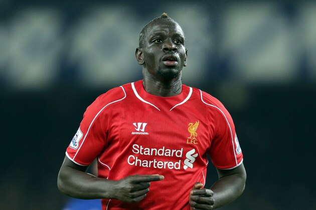 Liverpool's Mamadou Sakho during their English Premier League soccer match against Everton at Goodison Park in Liverpool, England, Saturday Feb. 7, 2015. (AP Photo/Clint Hughes)