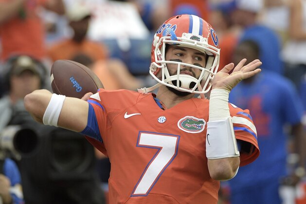 Florida quarterback Will Grier (7) warms up before an NCAA college football game against Mississippi Saturday, Oct. 3, 2015, in Gainesville, Fla. (AP Photo/Phelan M. Ebenhack)