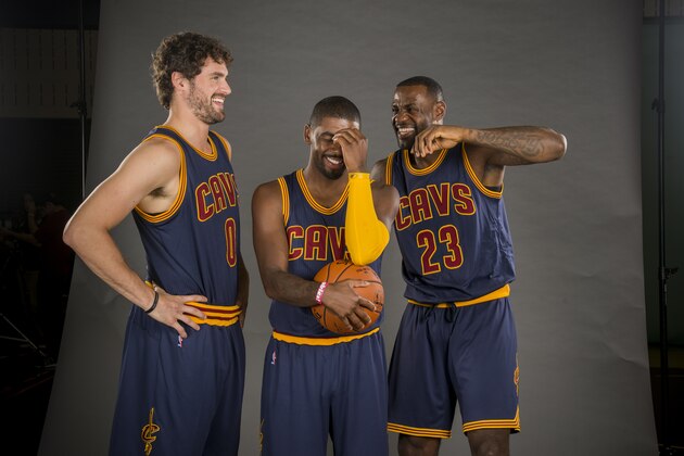 CLEVELAND, OH - SEPTEMBER 28: Kevin Love #0 Kyrie Irving #2 and LeBron James #23 of the Cleveland Cavaliers during the Cleveland Cavaliers media day at Cleveland Clinic Courts on September 28, 2015 in Independence, Ohio. (Photo by Jason Miller/Getty Images)