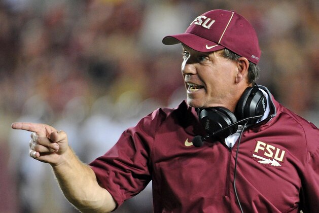 Sep 5, 2015; Tallahassee, FL, USA; Florida State Seminoles head coach Jimbo Fisher speaks with the referees during the first half of the game against the Texas State Bobcats at Doak Campbell Stadium. Mandatory Credit: Melina Vastola-USA TODAY Sports