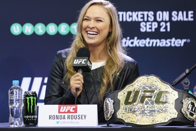 MELBOURNE, AUSTRALIA - SEPTEMBER 16:  Ronda Rousey, UFC Women's Bantamweight Champion, reacts during the UFC 193 media event at Etihad Stadium on September 16, 2015 in Melbourne, Australia.  (Photo by Michael Dodge/Zuffa LLC/Zuffa LLC via Getty Images)