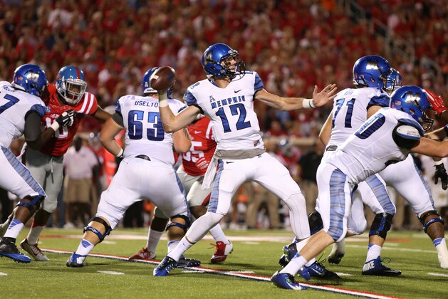 OXFORD, MS - SEPTEMBER 27: Paxton Lynch #12 of the Memphis Tigers throws the ball against the Ole Miss Rebels on September 27, 2014 at Vaught-Hemingway Stadium in Oxford, Mississippi.  (Photo by Joe Murphy/Getty Images)