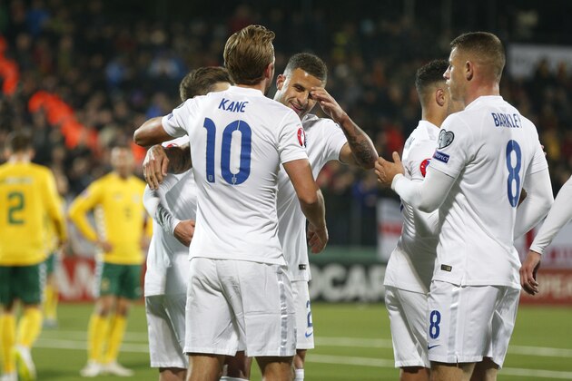 England's players celebrates after scoring goal during the Euro 2016 group E qualifying soccer match between the Lithuania and England at the LFF stadium in Vilnius, Lithuania, Monday, Oct. 12, 2015. (AP Photo/Mindaugas Kulbis)