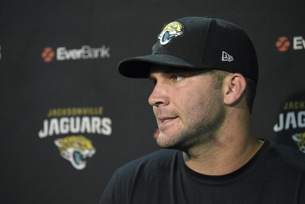 Jacksonville Jaguars quarterback Blake Bortles answers questions from reporters during a post-game news conference after an NFL football game against the Tampa Bay Buccaneers in Tampa, Fla., Sunday, Oct. 11, 2015. The Buccaneers won 38-31. (AP Photo/Phelan M. Ebenhack)