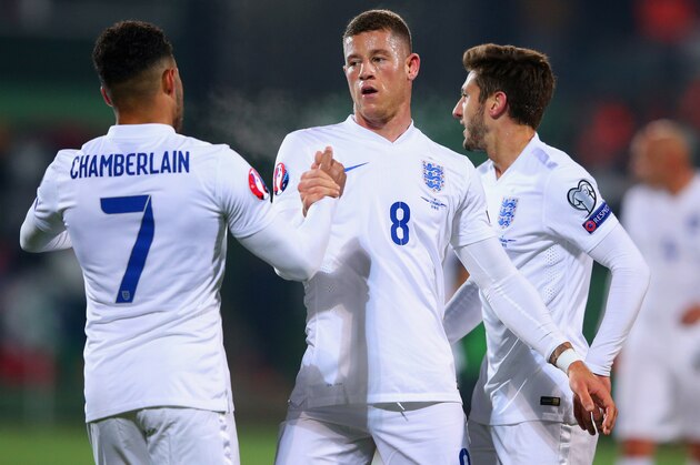 KAUNAS, LITHUANIA - OCTOBER 12:  Ross Barkley of England (8) celebrates with Alex Oxlade-Chamberlain as he scores their first goal during the UEFA EURO 2016 qualifying Group E match between Lithuania and England at LFF Stadionas on October 12, 2015 in Kaunas, Lithuania.  (Photo by Alex Livesey/Getty Images)
