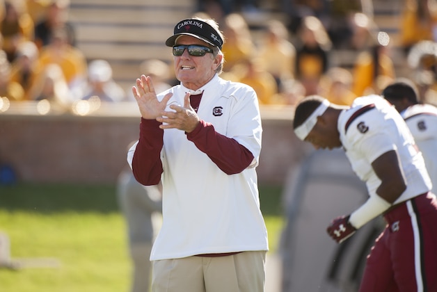 South Carolina head coach Steve Spurrier claps as his team warms up before an NCAA college football game against Missouri Saturday, Oct. 3, 2015, in Columbia, Mo. (AP Photo/L.G. Patterson)