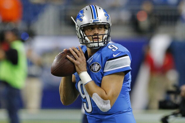 Detroit Lions quarterback Matthew Stafford throws during warmups before an NFL football game against the Denver Broncos, Sunday, Sept. 27, 2015, in Detroit. (AP Photo/Rick Osentoski)