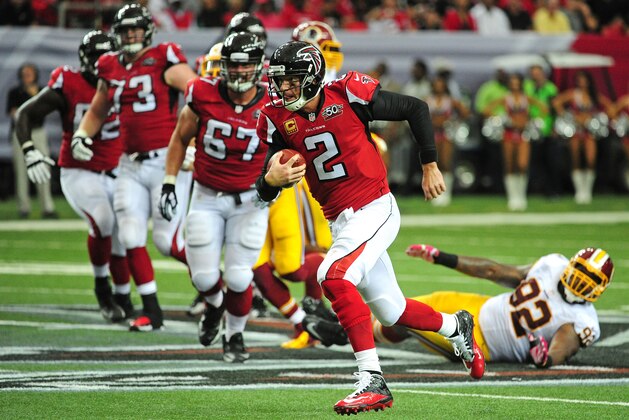 ATLANTA, GA - OCTOBER 11: Matt Ryan #2 of the Atlanta Falcons scrambles against the Washington Redskins at the Georgia Dome on October 11, 2015 in Atlanta, Georgia. (Photo by Scott Cunningham/Getty Images)