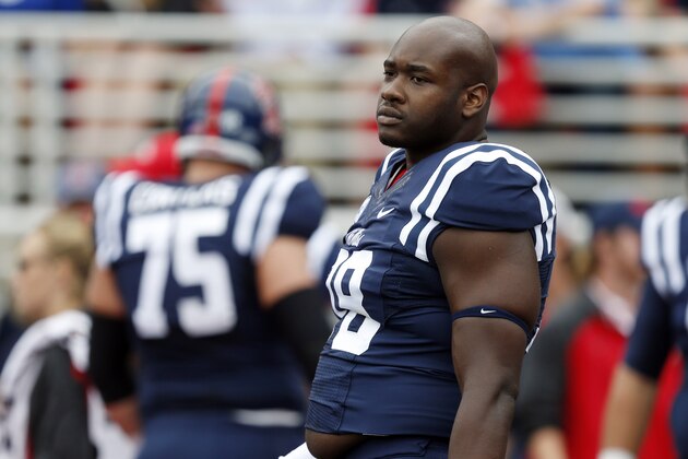 Mississippi offensive linesman Laremy Tunsil (78) looks around during pre-game warmups prior to an NCAA college football game against Louisiana-Lafayette at Vaught-Hemingway Stadium in Oxford, Miss., Saturday, Sept. 13, 2014. (AP Photo/Rogelio V. Solis)