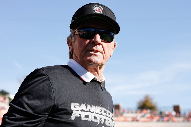 CLEMSON, SC - NOVEMBER 29: Head Coach Steve Spurrier of the South Carolina Gamecocks looks on prior to their game against the Clemson Tigers at Memorial Stadium on November 29, 2014 in Clemson, South Carolina. (Photo by Tyler Smith/Getty Images)