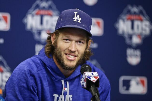 Los Angeles Dodgers starting pitcher Clayton Kershaw  speaks during a news conference before Game 3 of baseball’s National League Division Series, Monday, Oct. 12, 2015, at CitiField in New York. (AP Photo/Frank Franklin II)