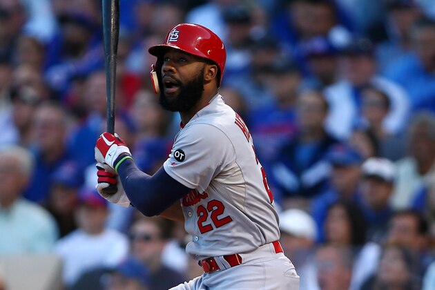 Oct 12, 2015; Chicago, IL, USA; St. Louis Cardinals right fielder Jason Heyward (22) hits a double during the second inning against the Chicago Cubs in game three of the NLDS at Wrigley Field. Mandatory Credit: Jerry Lai-USA TODAY Sports
