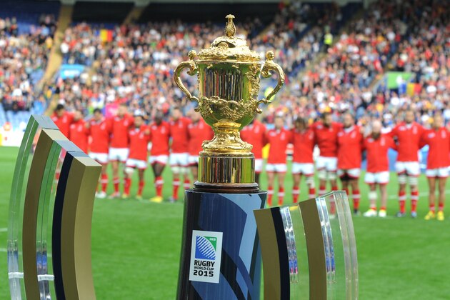 The Webb Ellis Cup seen at the Rugby World Cup Pool D match between Canada and Romania at the Leicester City Stadium, Leicester, England, Tuesday, Oct. 6, 2015. (AP Photo/Rui Vieira)