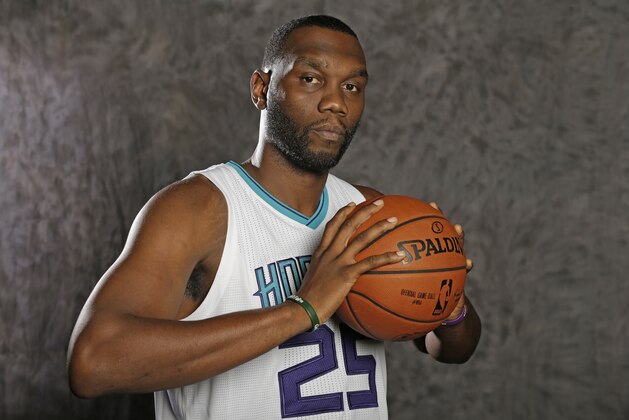 Charlotte Hornets' Al Jefferson poses for a photo during the NBA basketball team's media day in Charlotte, N.C., Friday, Sept. 25, 2015 . (AP Photo/Chuck Burton)