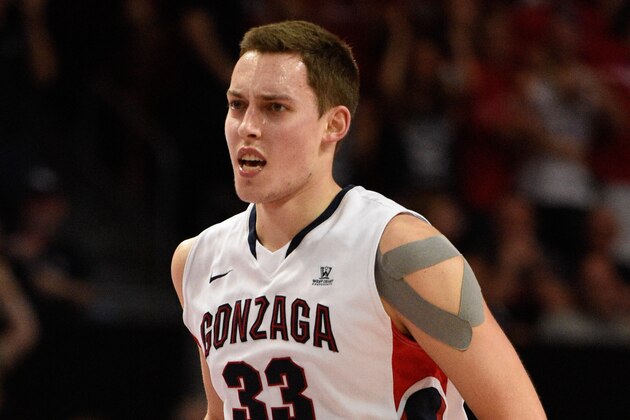 March 9, 2015; Las Vegas, NV, USA; Gonzaga Bulldogs forward Kyle Wiltjer (33) against the Pepperdine Waves during the first half in the semifinals of the West Coast Conference tournament at Orleans Arena. Mandatory Credit: Kyle Terada-USA TODAY Sports