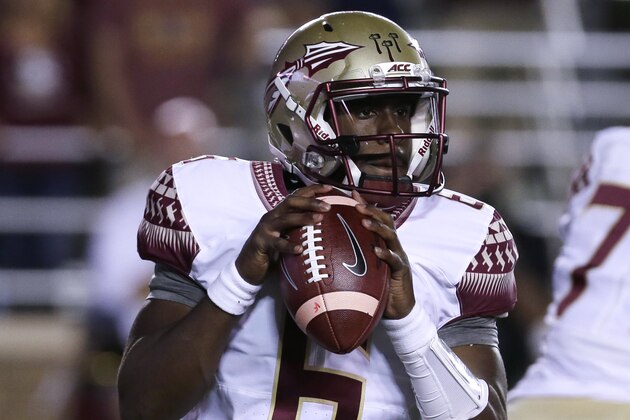 Florida State quarterback Everett Golson (6) throws during the first half of an NCAA college football game in Boston, Friday, Sept. 18, 2015. (AP Photo/Charles Krupa)