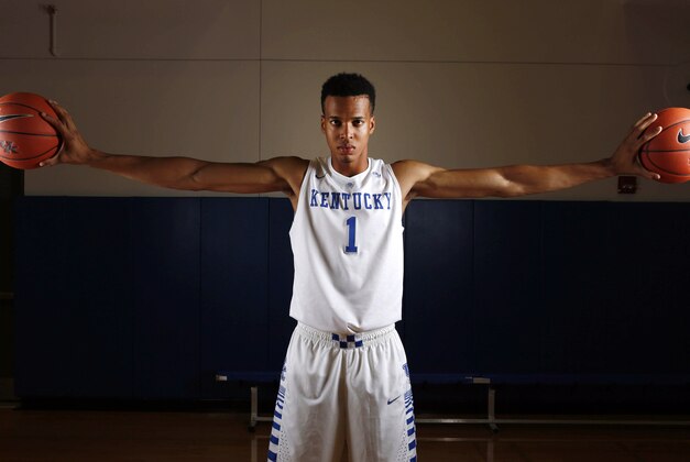 Sep 24, 2015; Lexington, KY, USA; Kentucky Wildcats forward Skal Labissiere (1) holds up two balls during Kentucky photo day at Memorial Coliseum. Mandatory Credit: Mark Zerof-USA TODAY Sports