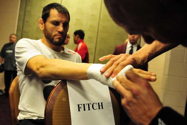 LAS VEGAS, NV - DECEMBER 30: Jon Fitch has his hands wrapped before his bout against Johny Hendricks during the UFC 141 event at the MGM Grand Garden Arena on December 30, 2011 in Las Vegas, Nevada. (Photo by Kari Hubert/Zuffa LLC/Zuffa LLC via Getty Images)