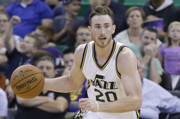 Utah Jazz guard Gordon Hayward (20) brings the ball up court during the second half of an NBA preseason basketball game against the Portland Trail Blazers Monday, Oct. 12, 2015, in Salt Lake City. The Trail Blazers won 88-81. (AP Photo/Rick Bowmer)