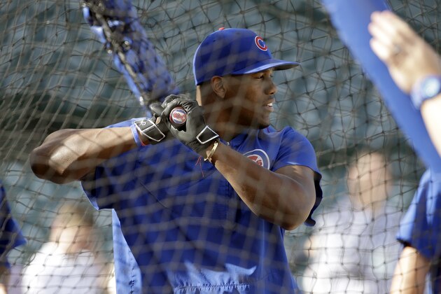 Chicago Cubs' Jorge Soler (68) takes batting practice before Game 3 in baseball's National League Division Series against the St. Louis Cardinals, Monday, Oct. 12, 2015, in Chicago. (AP Photo/Nam Y. Huh)