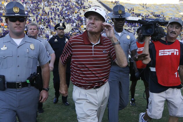 South Carolina head coach Steve Spurrier reacts after an NCAA college football game against LSU in Baton Rouge, La., Saturday, Oct. 10, 2015. LSU won 45-24. (AP Photo/Jonathan Bachman)