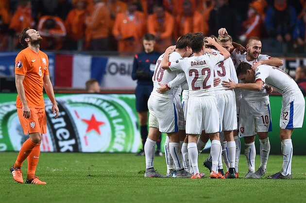 Czech Republic players react after scoring their third goal during  the Euro 2016 qualifying fooball match Netherlands vs Czech Republic at the Amsterdam Arena in Amsterdam, October 13, 2015. AFP PHOTO/Emmanuel Dunand        (Photo credit should read EMMANUEL DUNAND/AFP/Getty Images)