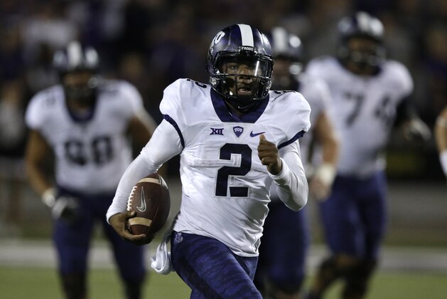 TCU quarterback Trevone Boykin (2) during the second half of an NCAA college football game against Kansas State in Manhattan, Kan., Saturday, Oct. 10, 2015. TCU defeated Kansas State 52-45. (AP Photo/Orlin Wagner)