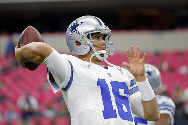 Dallas Cowboys' Matt Cassel (16) throws before an NFL football game against the New England Patriots, Sunday, Oct. 11, 2015, in Arlington, Texas. (AP Photo/Brandon Wade)