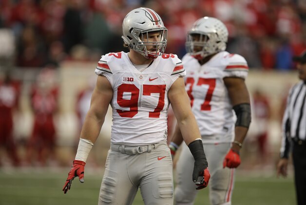 Ohio State's Joey Bosa (97) in action during the second half of an NCAA college football game against Indiana, Saturday, Oct. 3, 2015 in Bloomington, Ind. Ohio State won 34-27. (AP Photo/Darron Cummings)