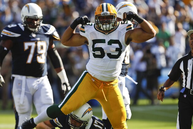 Green Bay Packers linebacker Nick Perry reacts after tackling San Diego Chargers quarterback Philip Rivers during the first half of an NFL preseason football game Thursday, Aug. 9, 2012, in San Diego. (AP Photo/Lenny Ignelzi)