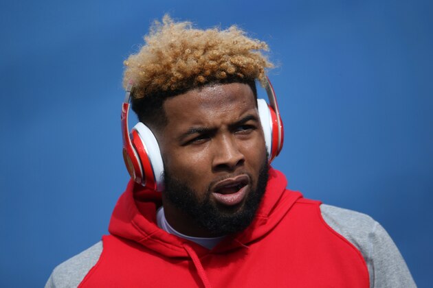 ORCHARD PARK, NY - OCTOBER 4: Odell Beckham #13 of the New York Giants warms up before the start of NFL game action against the Buffalo Bills at Ralph Wilson Stadium on October 4, 2015 in Orchard Park, New York. (Photo by Tom Szczerbowski/Getty Images)