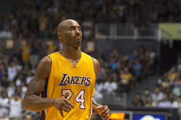 Los Angeles Lakers guard Kobe Bryant (24) is seen on the court during the second half of an NBA preseason basketball game against the Utah Jazz, Tuesday, Oct. 6, 2015, in Honolulu.  The Jazz defeated the Lakers 117-114.  (AP Photo/Marco Garcia)