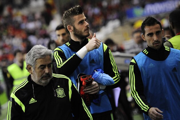Spain's goalkeeper David De Gea, center, waves fans before to start the match during their Euro 2016 qualifying soccer match, Group C, between Spain and Luxembourg, at Las Gaunas stadium in Logrono, northern Spain, Friday, Oct. 9, 2015. (AP Photo/Alvaro Barrientos)