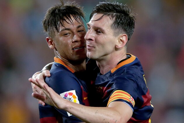 Lionel Messi of FC Barcelona celebrates the 2-0 with Neymar da Silva Santos Junior of FC Barcelona during the Joan Gamper Trophy match between FC Barcelona and AS Roma on August 5, 2015 at the Camp Nou stadium in Barcelona, Spain.(Photo by VI Images via Getty Images)