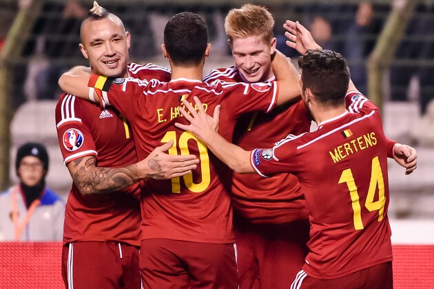 Belgium's Kevin De Bruyne, second right, celebrates with teammates after scoring a goal during a Group B Euro 2016 qualifying soccer match between Belgium and Israel at the King Baudouin stadium in Brussels on Tuesday, Oct. 13, 2015. (AP Photo/Geert Vanden Wijngaert) Belgium's Kevin De Bruyne, second right, celebrates with teammates after scoring a goal during a Group B Euro 2016 qualifying soccer match between Belgium and Israel at the King Baudouin stadium in Brussels on Tuesday, Oct. 13, 2015. (AP Photo/Geert Vanden Wijngaert)
