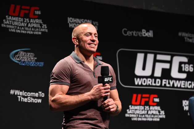 MONTREAL, QC - APRIL 24:  Former UFC welterweight champion Georges St-Pierre interacts with fans during a Q&A session before the UFC 186 weigh-in event at Metropolis on April 24, 2015 in Montreal, Quebec, Canada. (Photo by Jeff Bottari/Zuffa LLC/Zuffa LLC via Getty Images)
