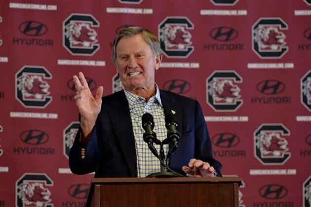 South Carolina head football coach Steve Spurrier speaks at a news conference to announce he is resigning on Tuesday, Oct. 13, 2015, at the University Of South Carolina, in Columbia, S.C.  Spurrier said he felt he needed to step down now because he doesn't believe there is accountability with players if they know the coach won't be back next year. He also said he was a recruiting liability. He had never had a losing season in 25 previous seasons coach at Duke (1987-89), Florida (1990-2001) or South Carolina, where he has been since 2005. (AP Photo/Richard Shiro)