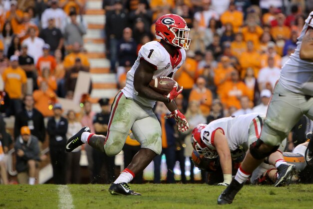 Oct 10, 2015; Knoxville, TN, USA;  Georgia Bulldogs running back Sony Michel (1) runs the ball against the Tennessee Volunteers during the second half at Neyland Stadium. Tennessee won 38 to 31. Mandatory Credit: Randy Sartin-USA TODAY Sports