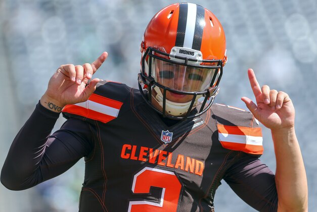 Sep 13, 2015; East Rutherford, NJ, USA; Cleveland Browns quarterback Johnny Manziel (2) during the pre game warmups for their game against the New York Jets at MetLife Stadium. Mandatory Credit: Ed Mulholland-USA TODAY Sports