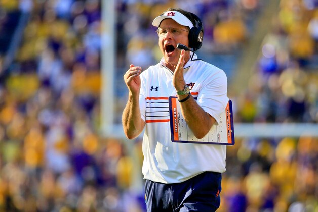 Sep 19, 2015; Baton Rouge, LA, USA; Auburn Tigers head coach Gus Malzahn against the LSU Tigers during the fourth quarter of a game at Tiger Stadium. LSU defeated Auburn 45-21. Mandatory Credit: Derick E. Hingle-USA TODAY Sports