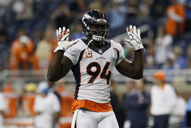 Denver Broncos outside linebacker DeMarcus Ware (94) during warmups before an NFL football game against the Detroit Tigers, Sunday, Sept. 27, 2015, in Detroit. (AP Photo/Duane Burleson)
