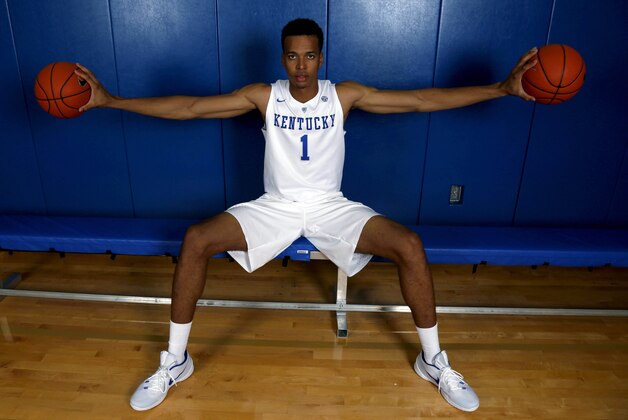 Sep 24, 2015; Lexington, KY, USA; Kentucky Wildcats forward Skal Labissiere (1) holds up two balls during Kentucky photo day at Memorial Coliseum. Mandatory Credit: Mark Zerof-USA TODAY Sports