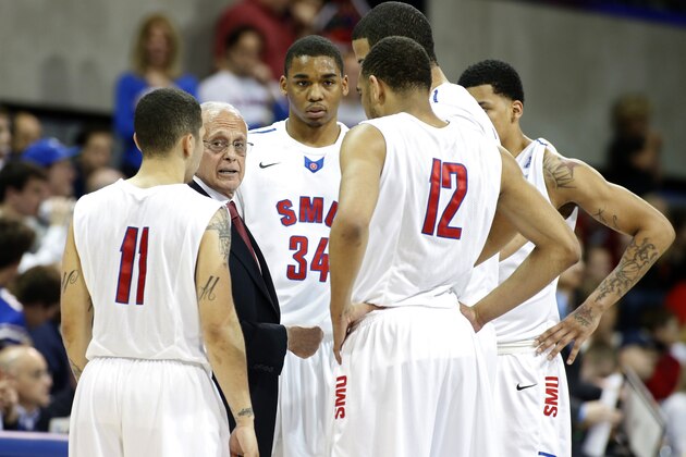 SMU head coach Larry Brown talks to his team in a timeout during the first half of an NCAA college basketball game against California in the quarterfinals of the NIT Wednesday, March 26, 2014, in Dallas. SMU won 67-65. (AP Photo/Sharon Ellman)
