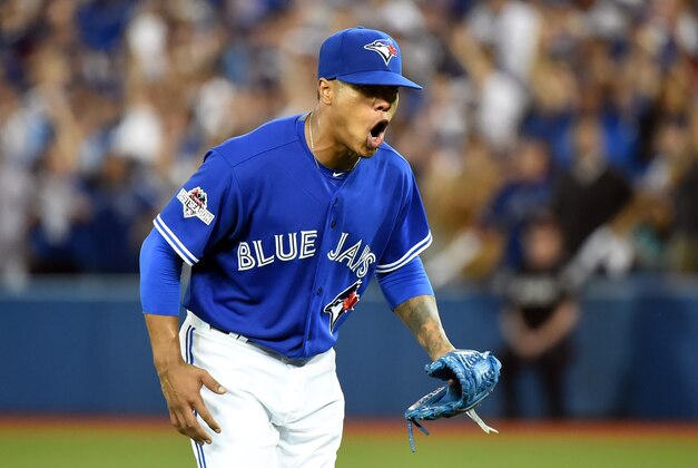 Oct 9, 2015; Toronto, Ontario, CAN; Toronto Blue Jays starting pitcher Marcus Stroman reacts after striking out Texas Rangers left fielder Josh Hamilton (not pictured) in the sixth inning in game two of the ALDS at Rogers Centre. Mandatory Credit: Dan Hamilton-USA TODAY Sports
