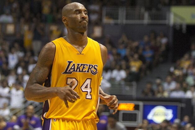 Los Angeles Lakers guard Kobe Bryant (24) is seen on the court during the second half of an NBA preseason basketball game against the Utah Jazz, Tuesday, Oct. 6, 2015, in Honolulu. The Jazz defeated the Lakers 117-114. (AP Photo/Marco Garcia) Los Angeles Lakers guard Kobe Bryant (24) is seen on the court during the second half of an NBA preseason basketball game against the Utah Jazz, Tuesday, Oct. 6, 2015, in Honolulu. The Jazz defeated the Lakers 117-114. (AP Photo/Marco Garcia)